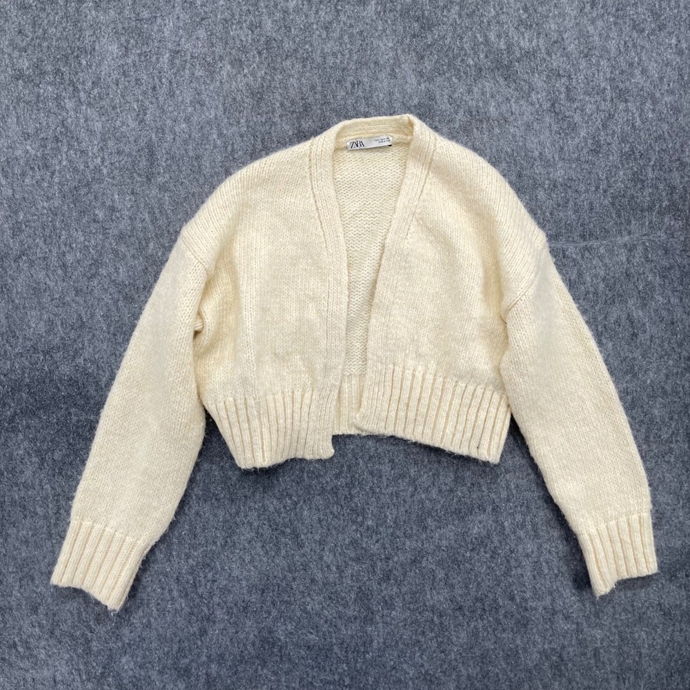Zara Cardigan Sweater Womens Small Ivory Wool Blend Open Front Knit Cropped